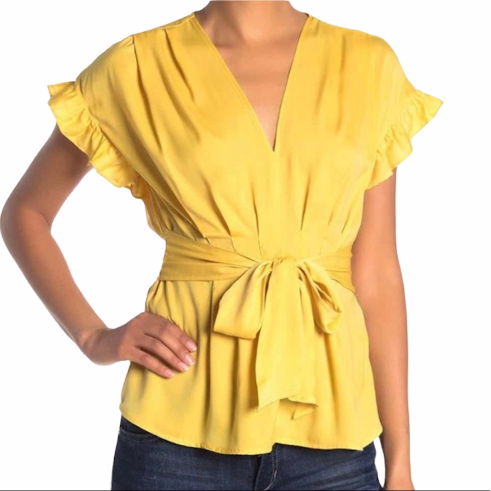 Max Studio Tie Waist Ruffle Satin Top S